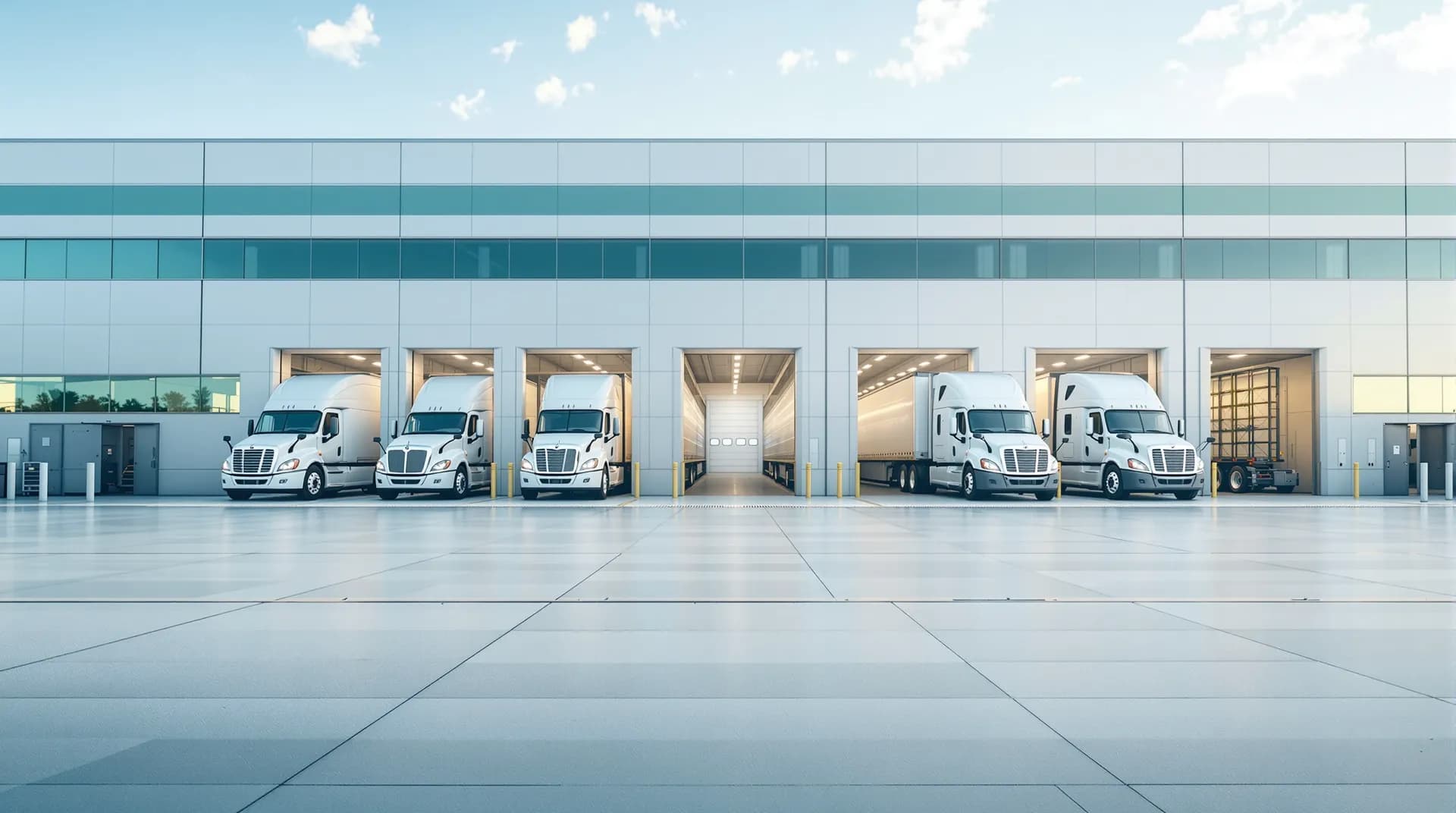 Trucks backed into the loading doors of a modern warehouse