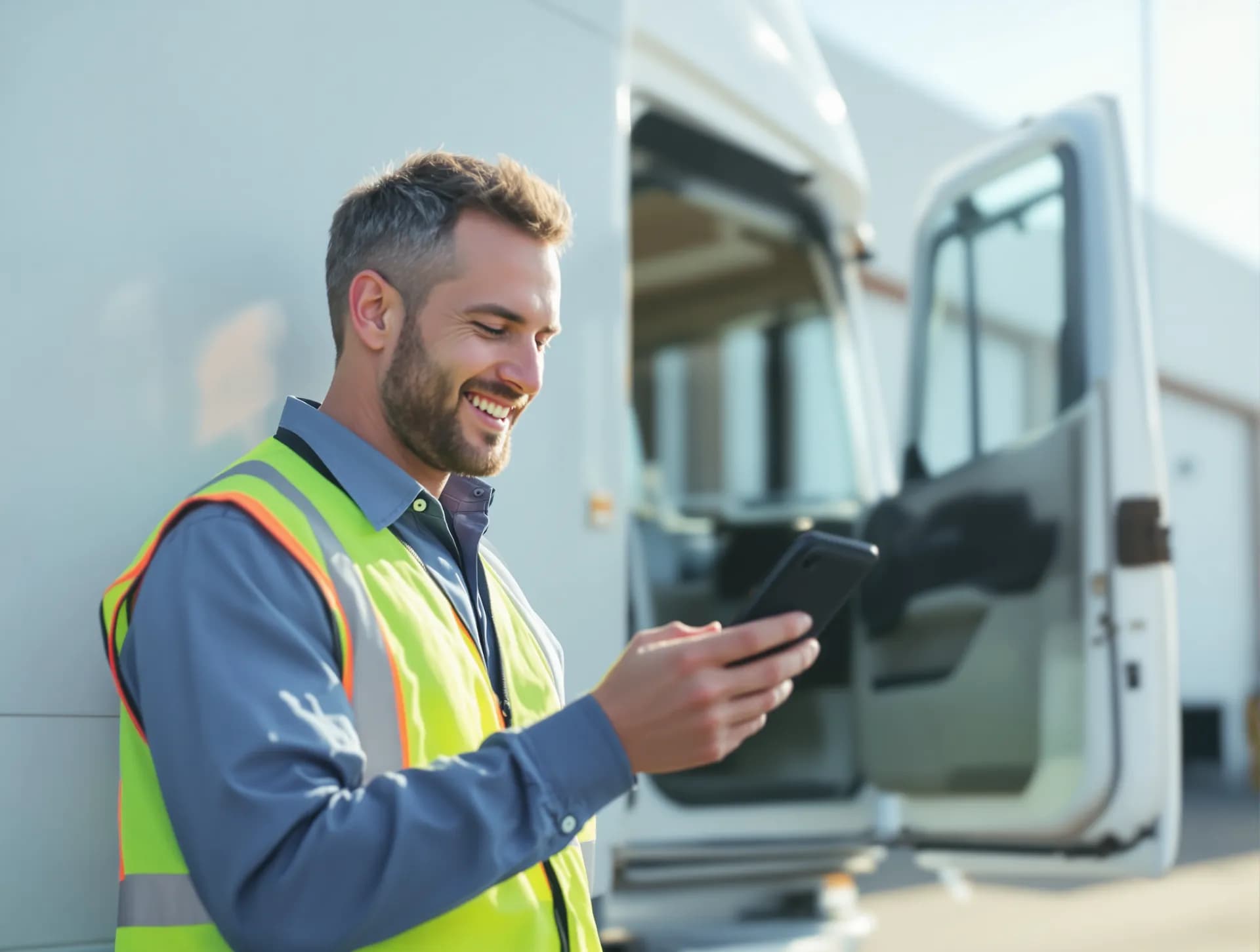 A truck driver standing beside his parked truck, checking his pickup pass on his phone