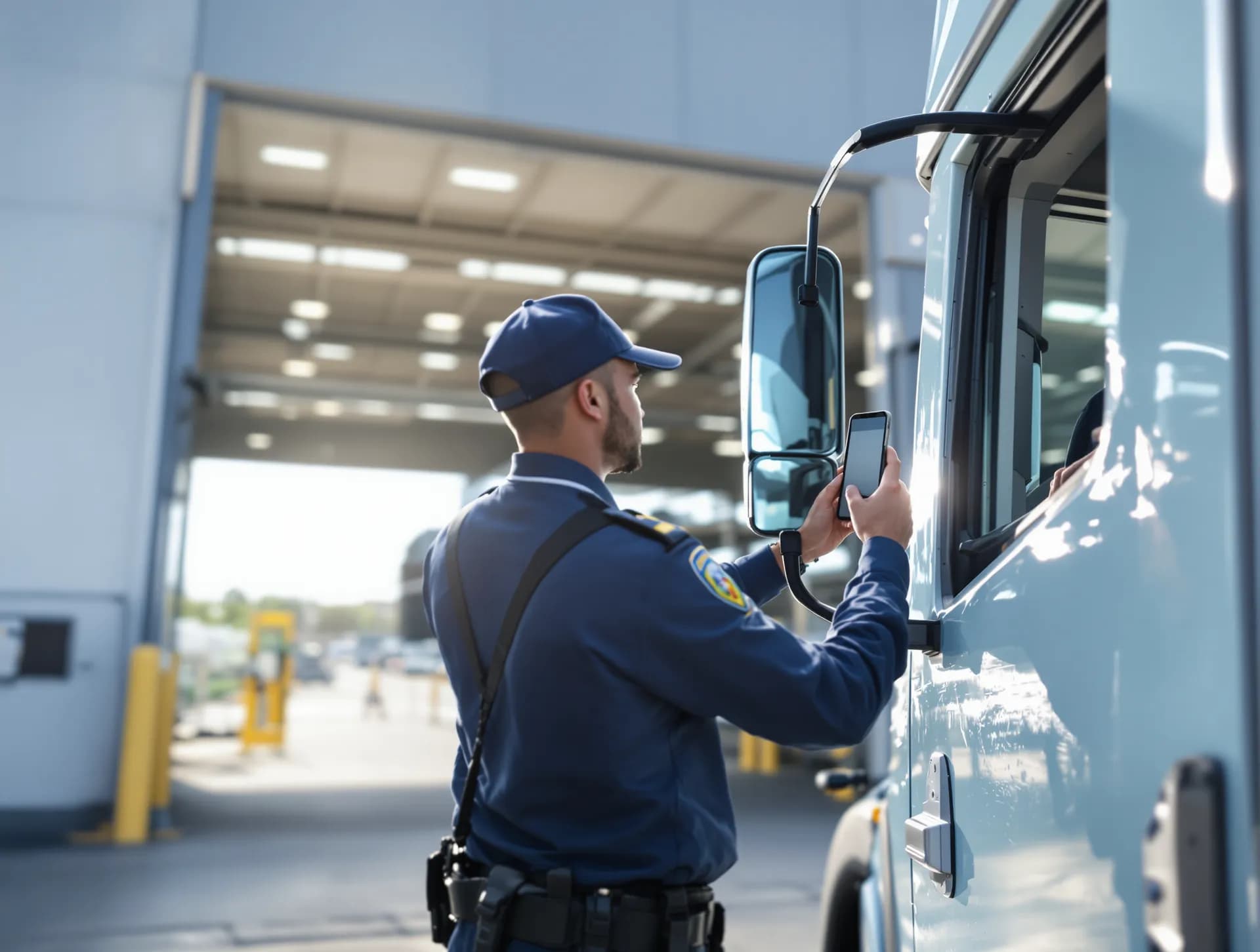 A security officer scanning a driver's pickup pass with a phone at the warehouse gate
